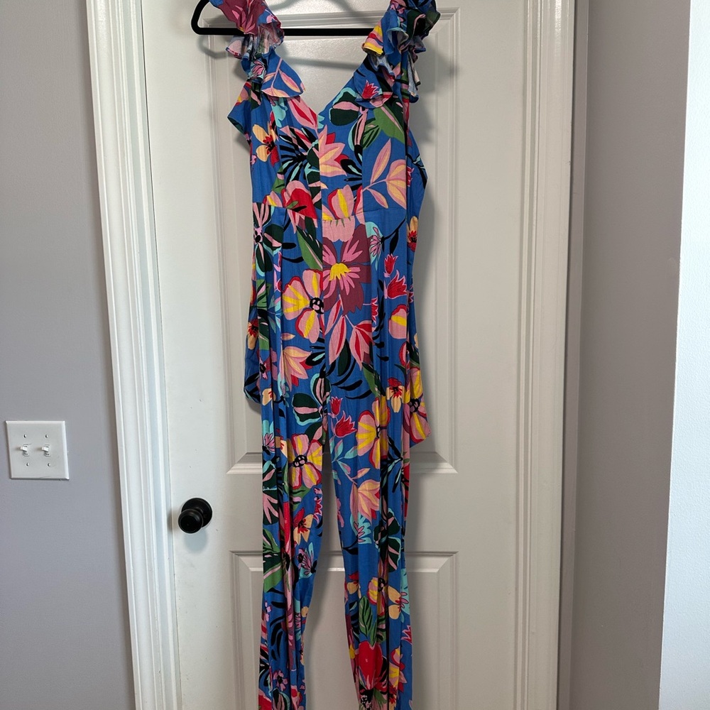 Sugarlips Blue and Pink Floral Jumpsuit with Ruffle Straps